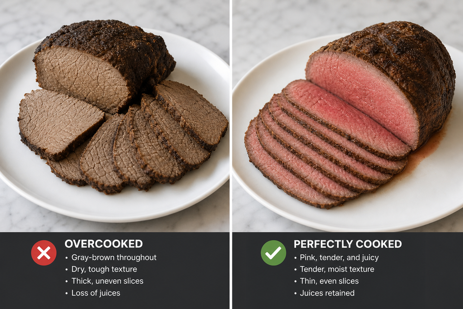 How to Cook Eye of Round Roast (Cheap Beef Done Right) 11 Comparison of incorrectly versus correctly cooked eye of round roast