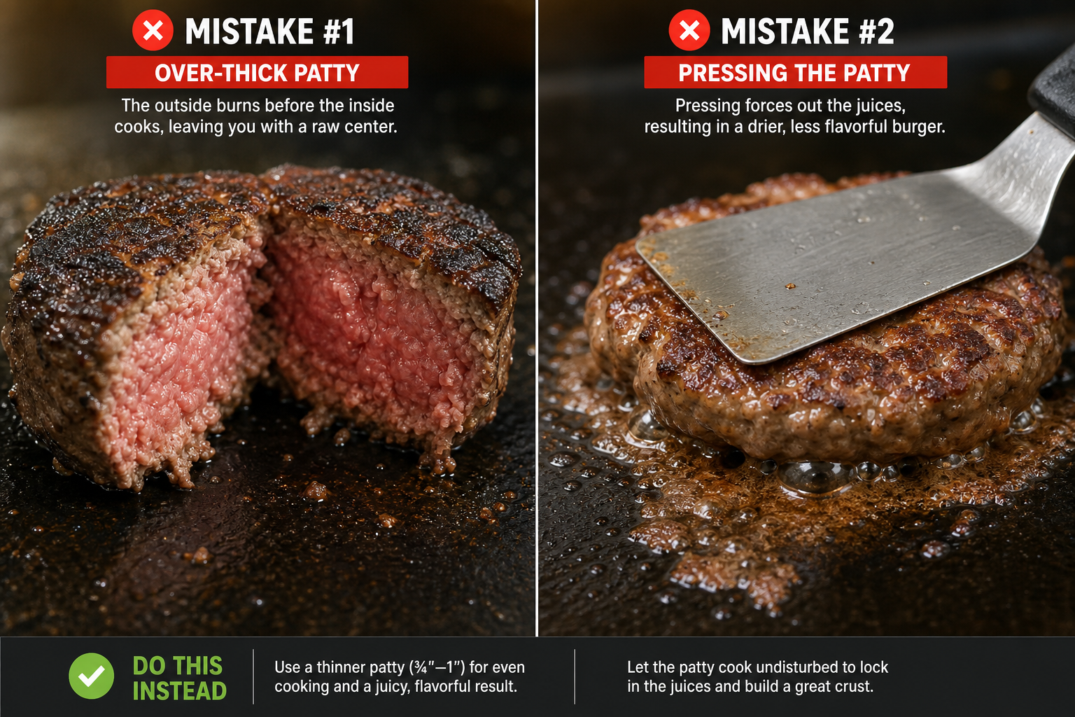 How to Make Perfect Smash Burgers at Home 11 Common burger mistakes showing overcooked exterior with raw interior and over-pressing causing juice loss