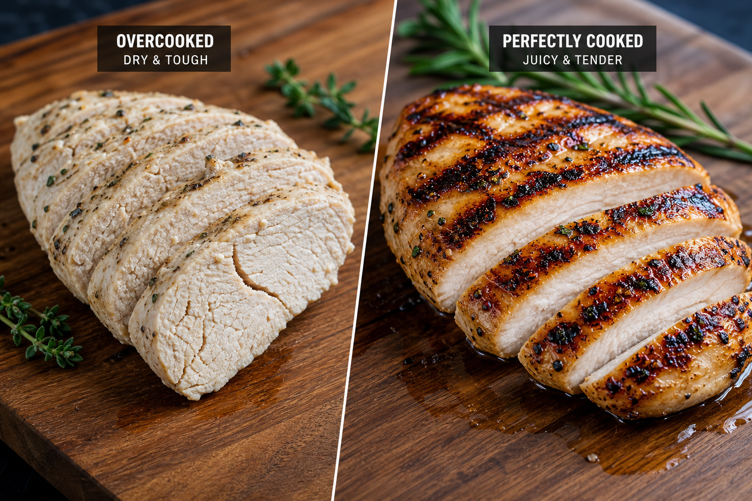 Side-by-side comparison of dry overcooked chicken versus juicy grilled chicken