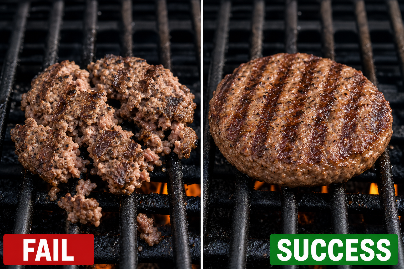 Side-by-side comparison of broken burger versus intact perfect burger on grill