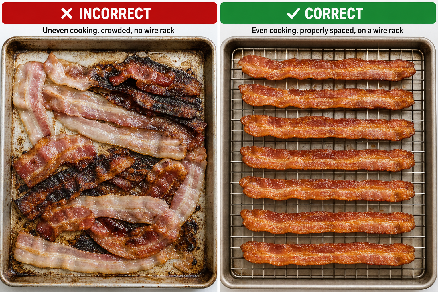 Comparison of improperly crowded bacon versus properly spaced bacon on a wire rack