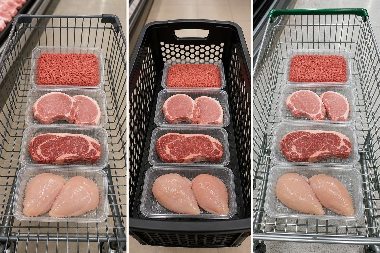 Aldi Meat Quality Review: Is It Worth Buying in? 8 Three shopping baskets containing similar meat products for grocery store comparison