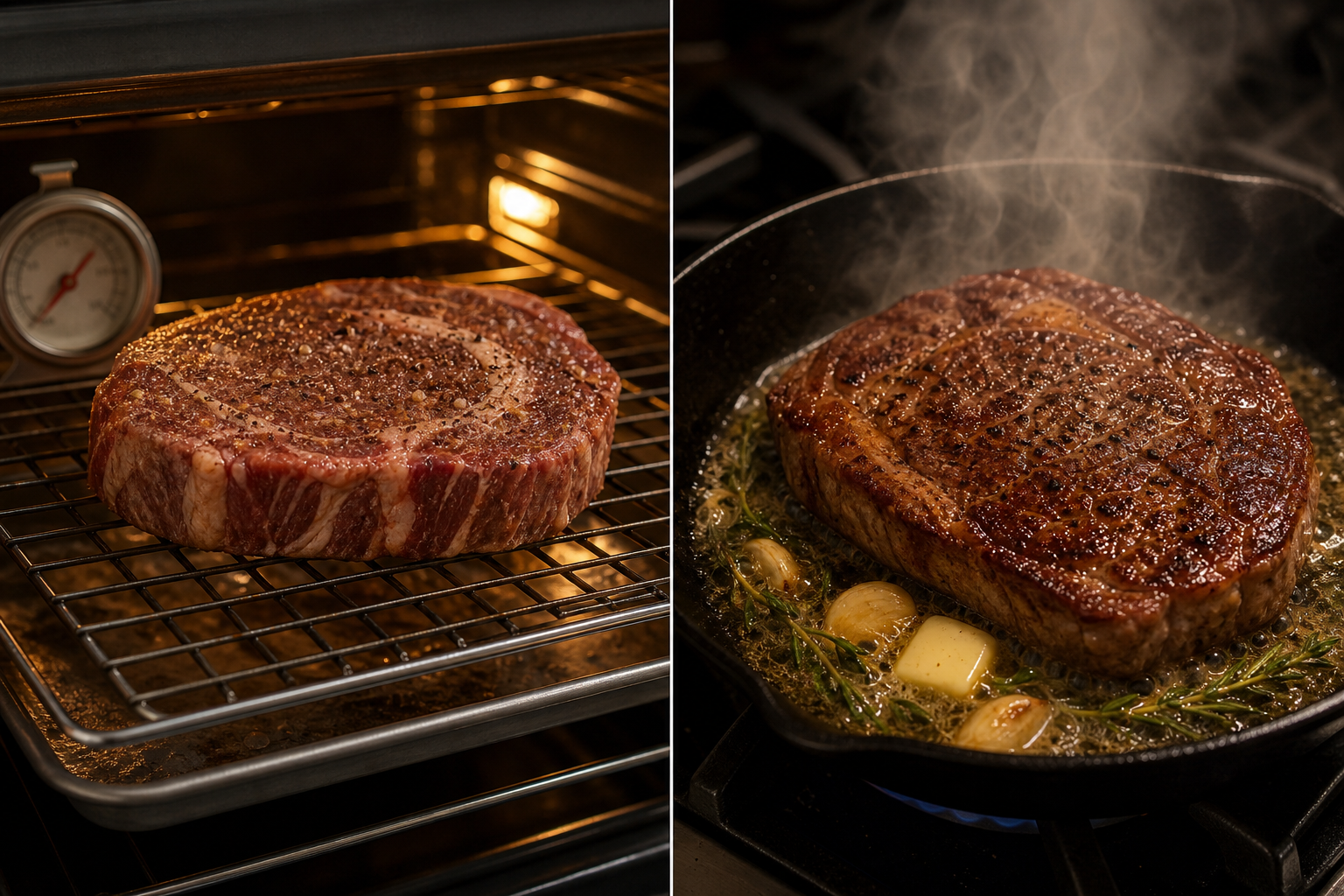 Costco Kirkland Steaks: Why Choice Grade Beats Most Stores 9 Demonstration of reverse sear method with steak in oven and searing in cast iron pan