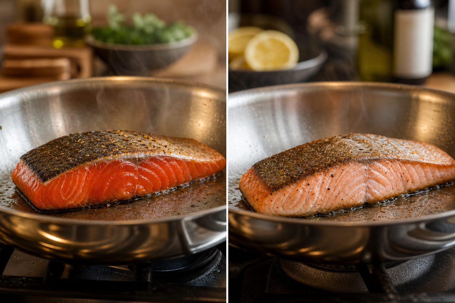 Wild and farm-raised salmon fillets being pan-seared in skillets showing different cooking characteristics