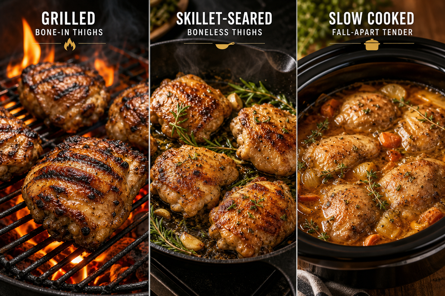 Different cooking methods for chicken thighs including grilling, pan-frying, and braising