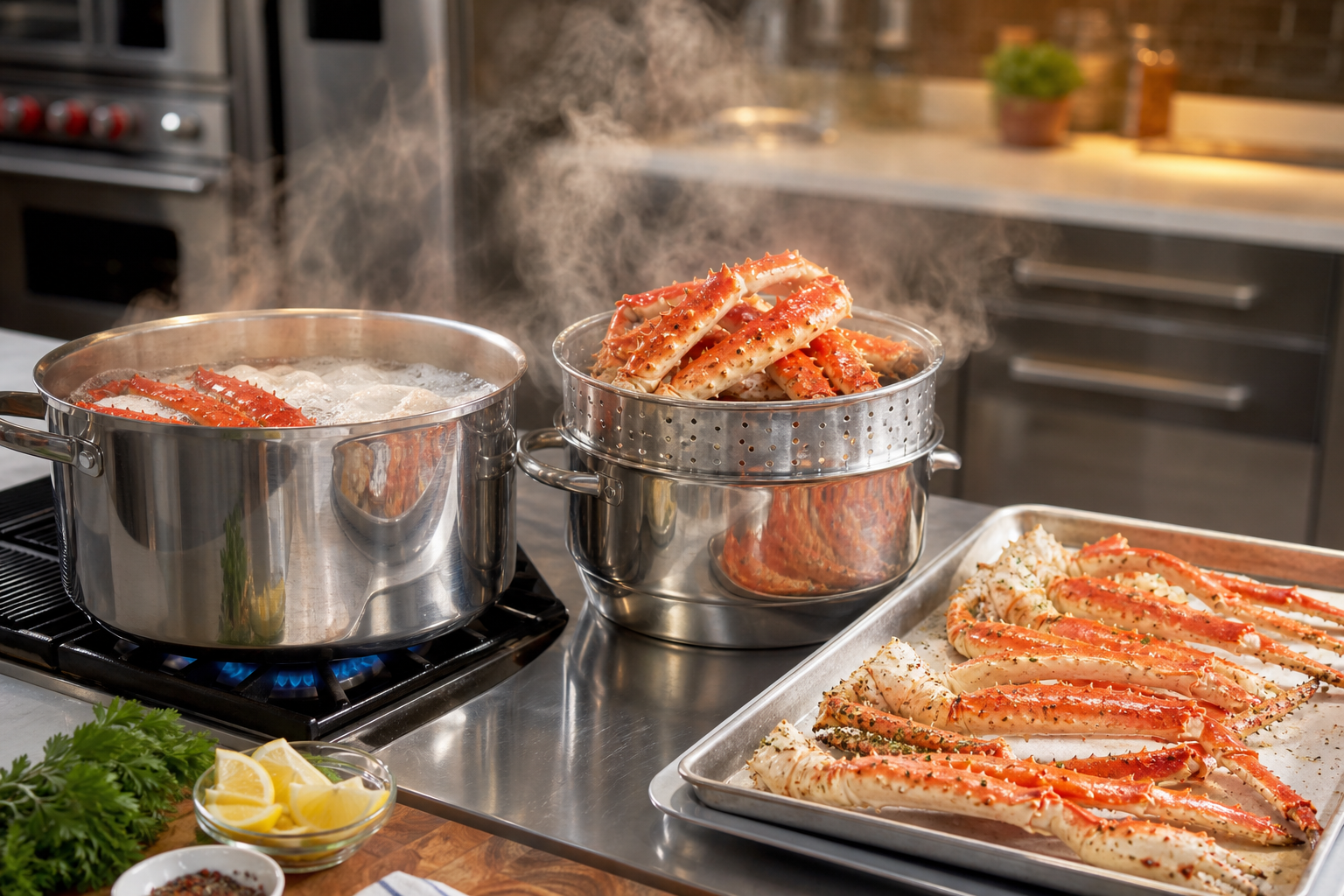 Three different crab cooking methods displayed - boiling, steaming, and baking