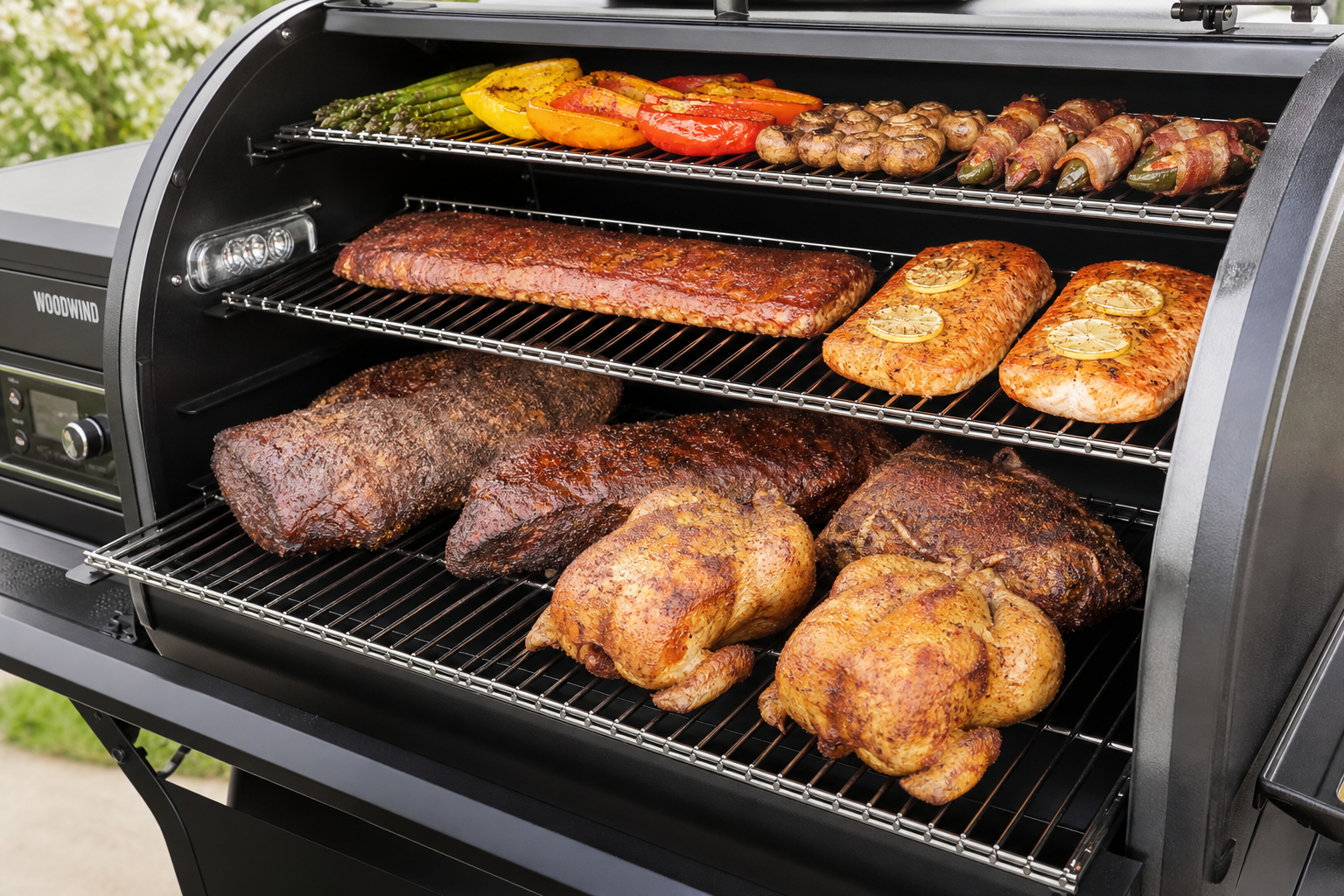 Multi-tiered cooking racks inside pellet grill loaded with various meats and vegetables