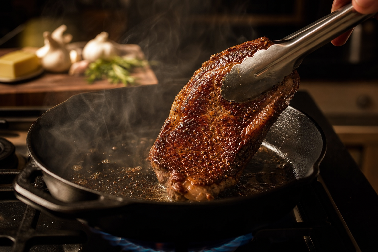 Steak being seared in cast iron skillet with tongs