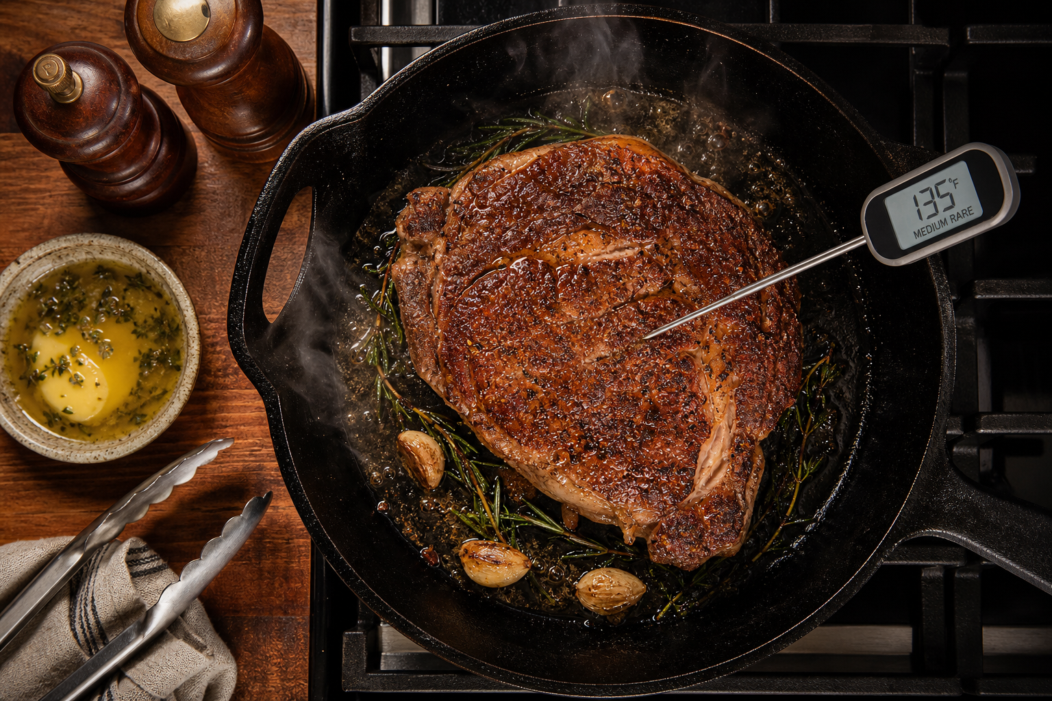 Cast iron skillet with seared steak and meat thermometer showing proper cooking technique