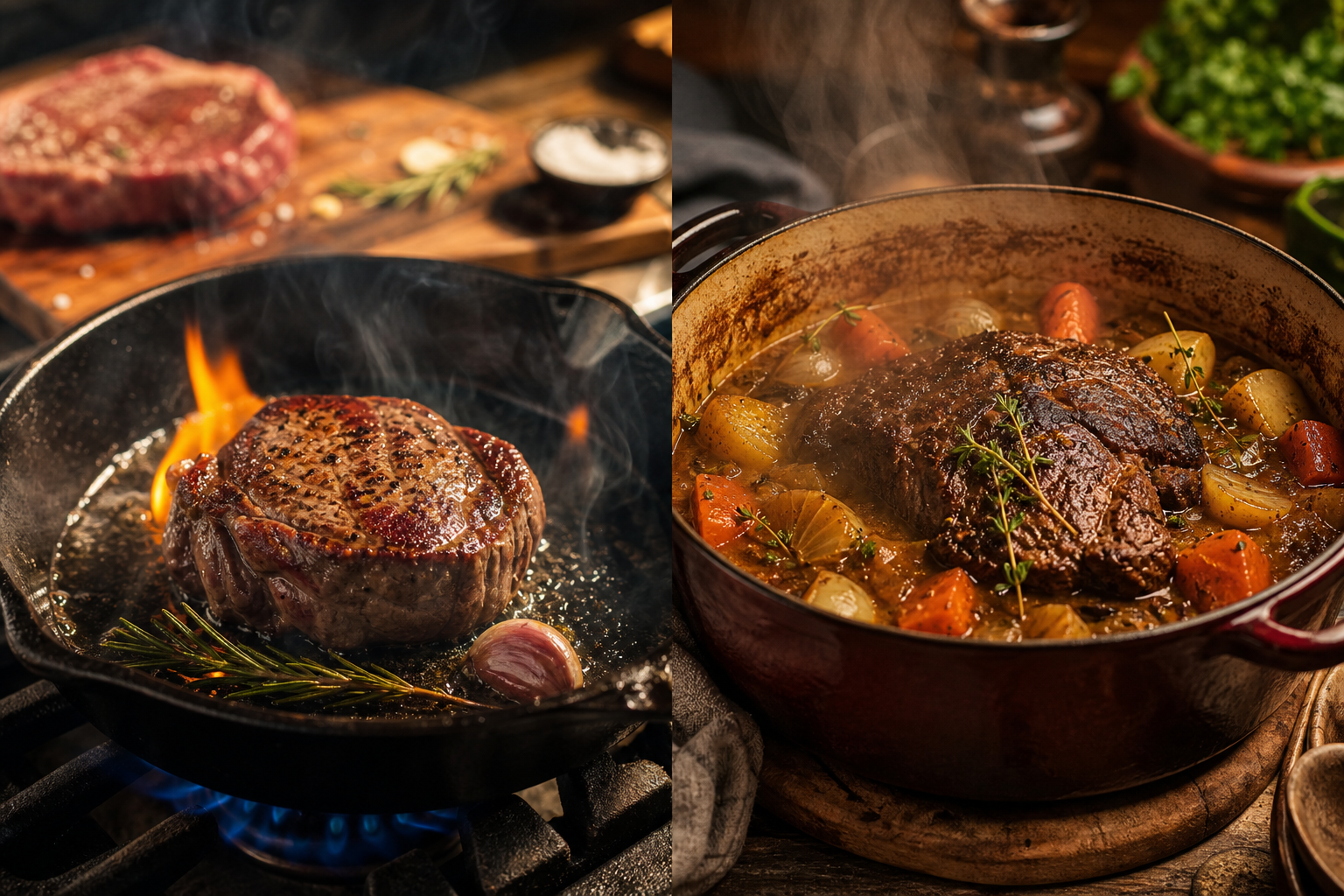 Comparison of different cooking methods for various meat cuts showing quick grilling versus slow braising