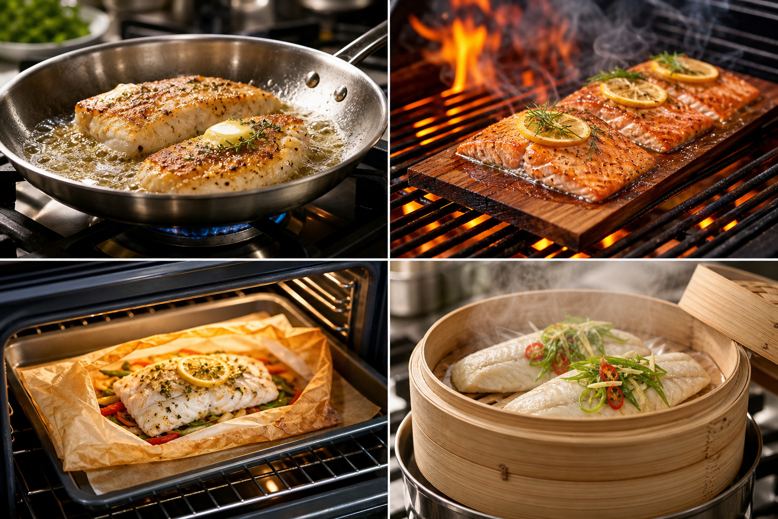 Various cooking methods for fish including grilling, baking, pan-searing, and steaming