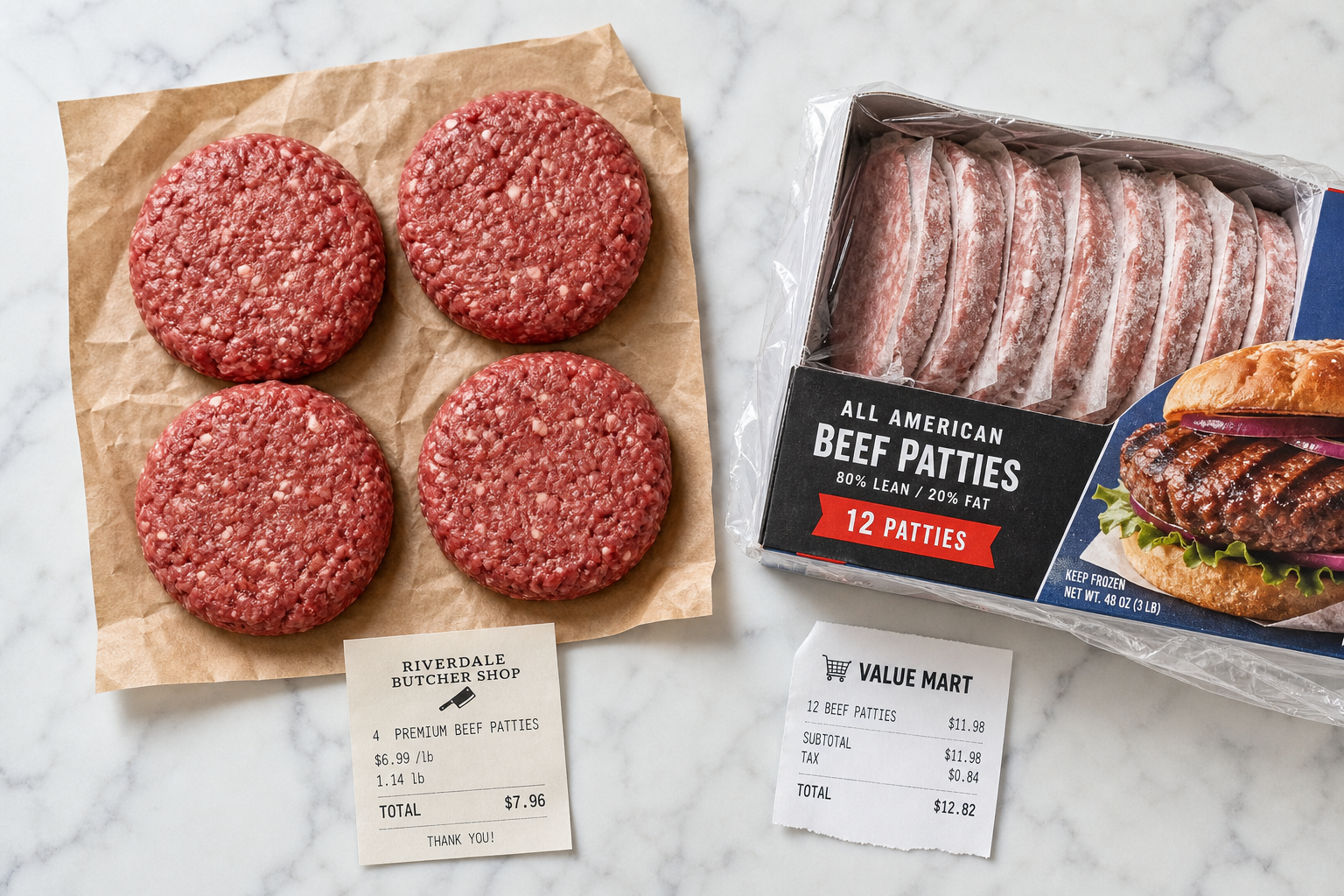 Fresh vs Frozen Burger Patties: Taste, Cost & Texture Compared 7 Overhead view comparing fresh and frozen burger patties with pricing context on marble surface