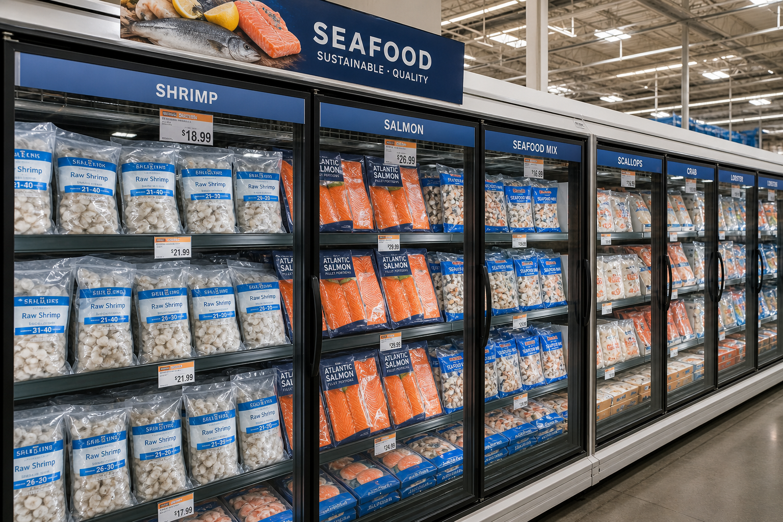 Frozen seafood section in a warehouse store showing variety of packaged seafood in freezer cases