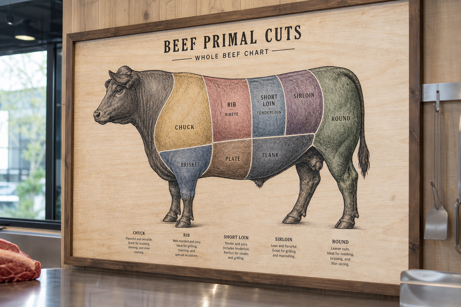 Beef cow butcher diagram showing different cut locations on the animal