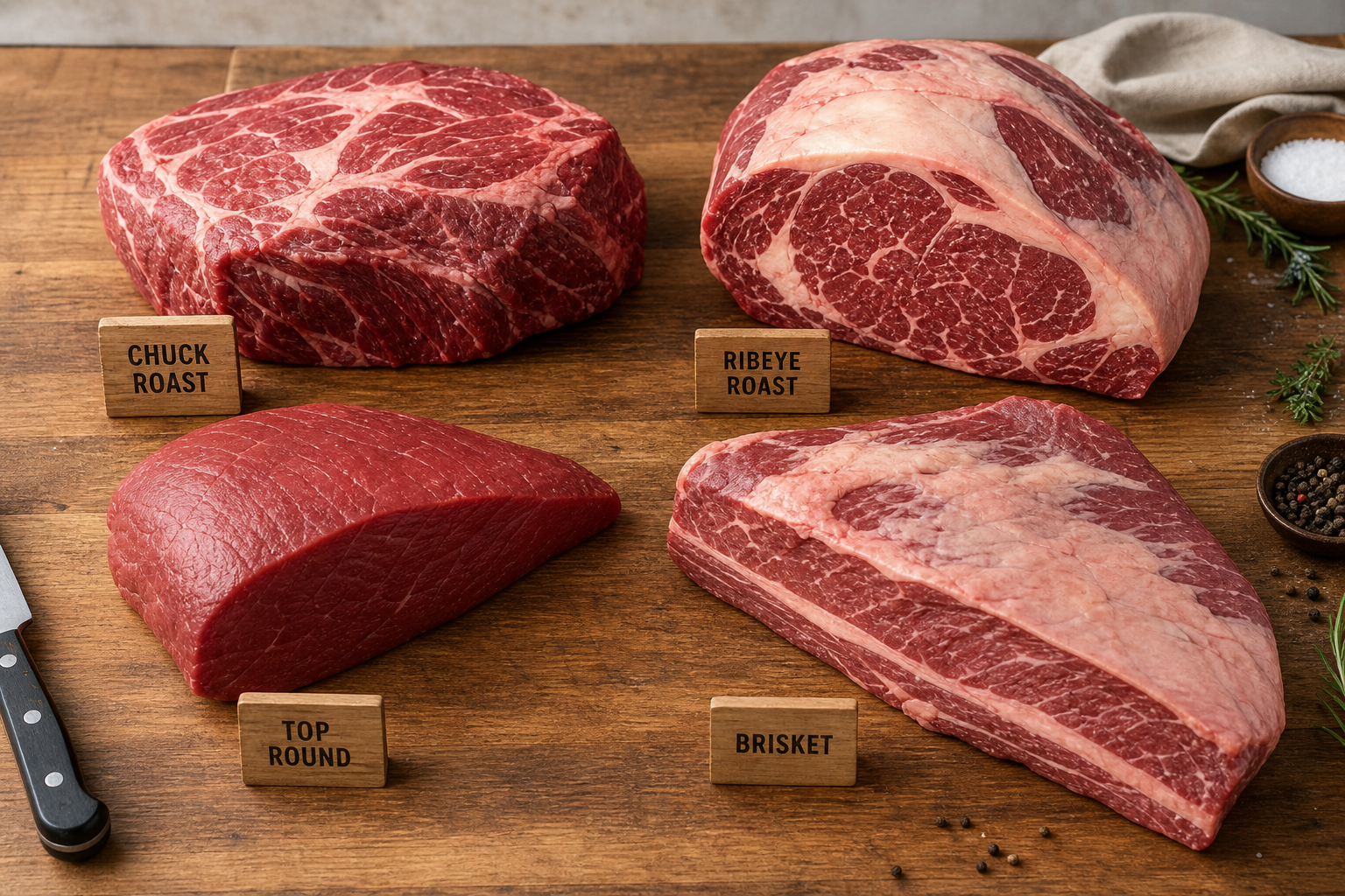 Why Is My Roast Beef Stringy? Cut Selection & Temperature Guide 7 Different cuts of raw beef roast displayed on wooden cutting board showing texture variations