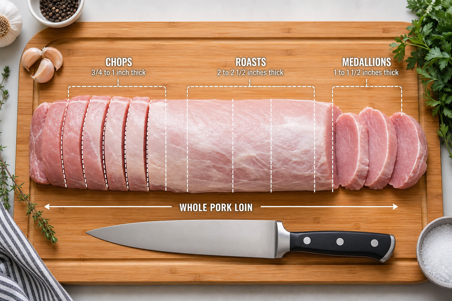How to Cut a Whole Pork Loin Into Chops, Roasts & More 8 Pork loin with cutting guide lines showing how to portion into chops and roasts