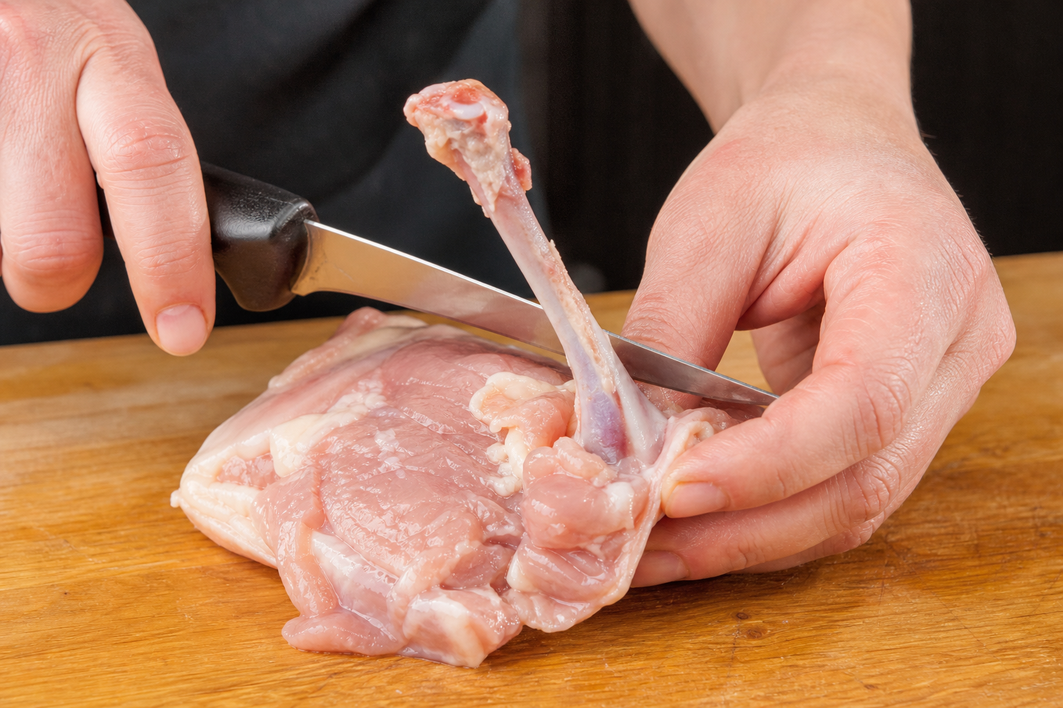 Hands deboning a chicken thigh with a knife on a cutting board