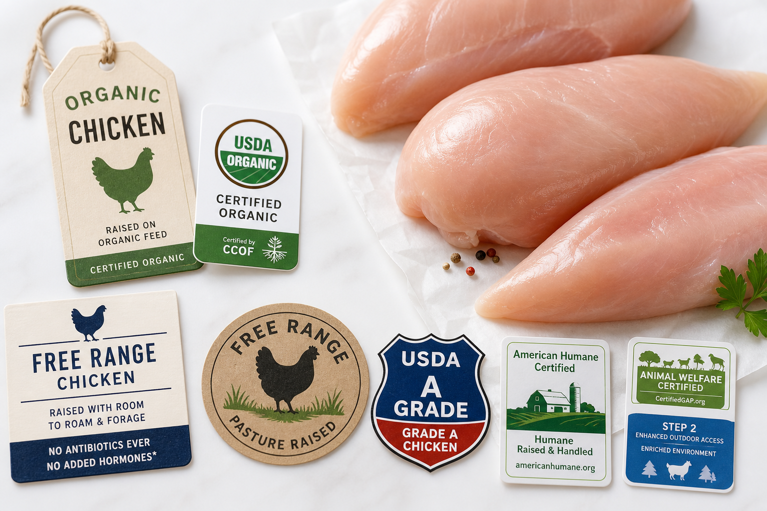 Raw chicken with various certification labels and organic stamps displayed on packaging