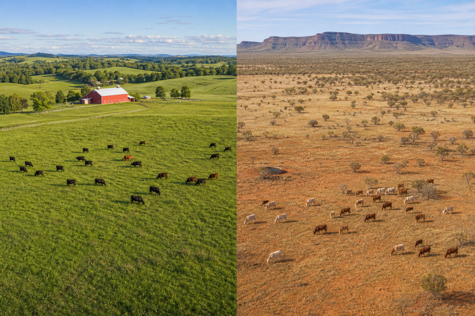 Side-by-side comparison of domestic and imported grass-fed cattle in their natural grazing environments