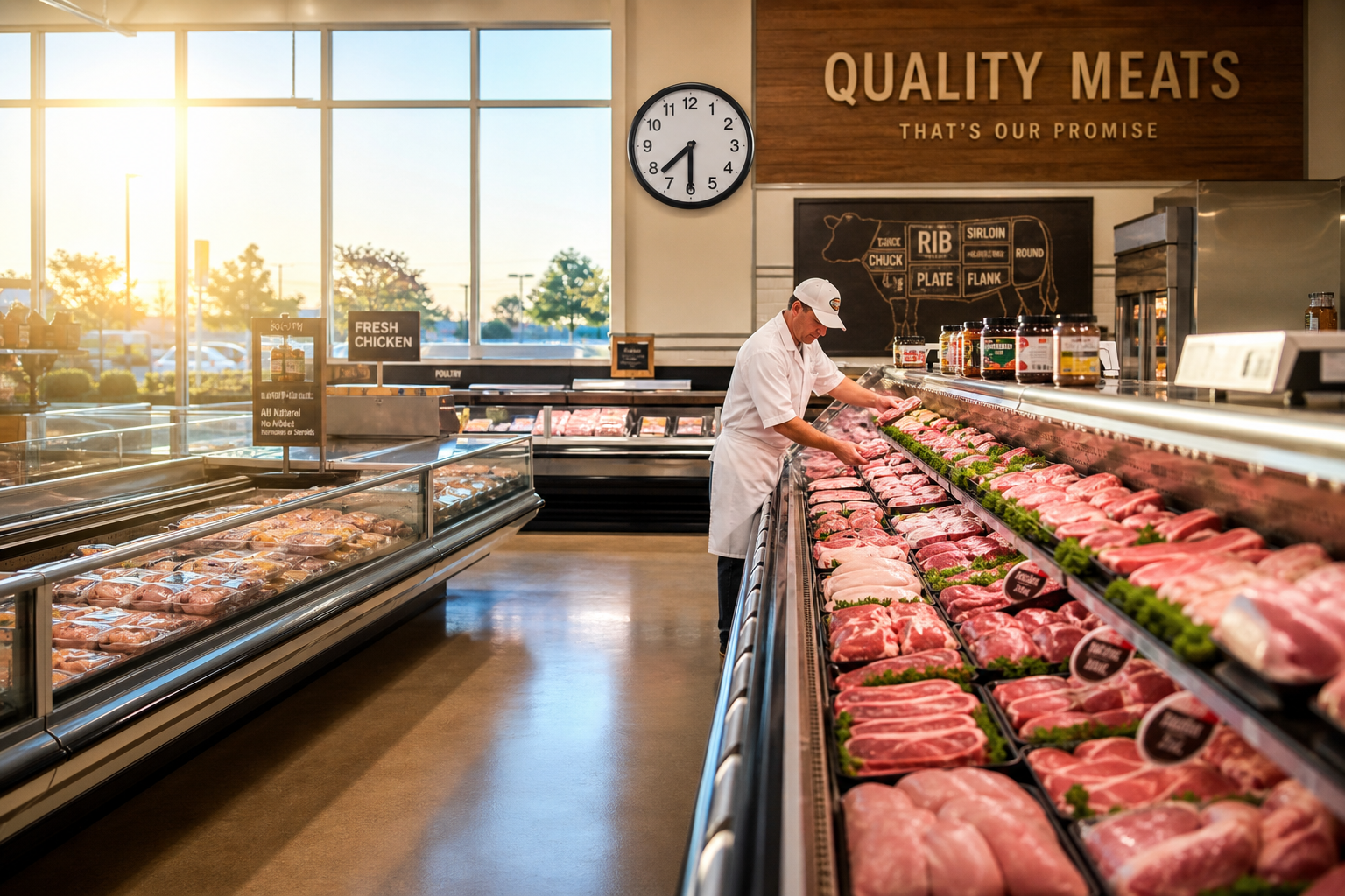 Best Days to Buy Meat: Timing Your Grocery Store Visits 7 Supermarket meat department in early morning with fresh stock and natural sunrise lighting