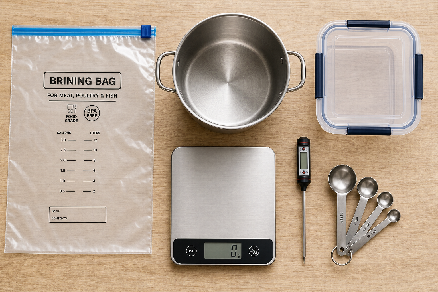 Brining equipment including bags, pot, scale, and measuring tools arranged on wooden surface