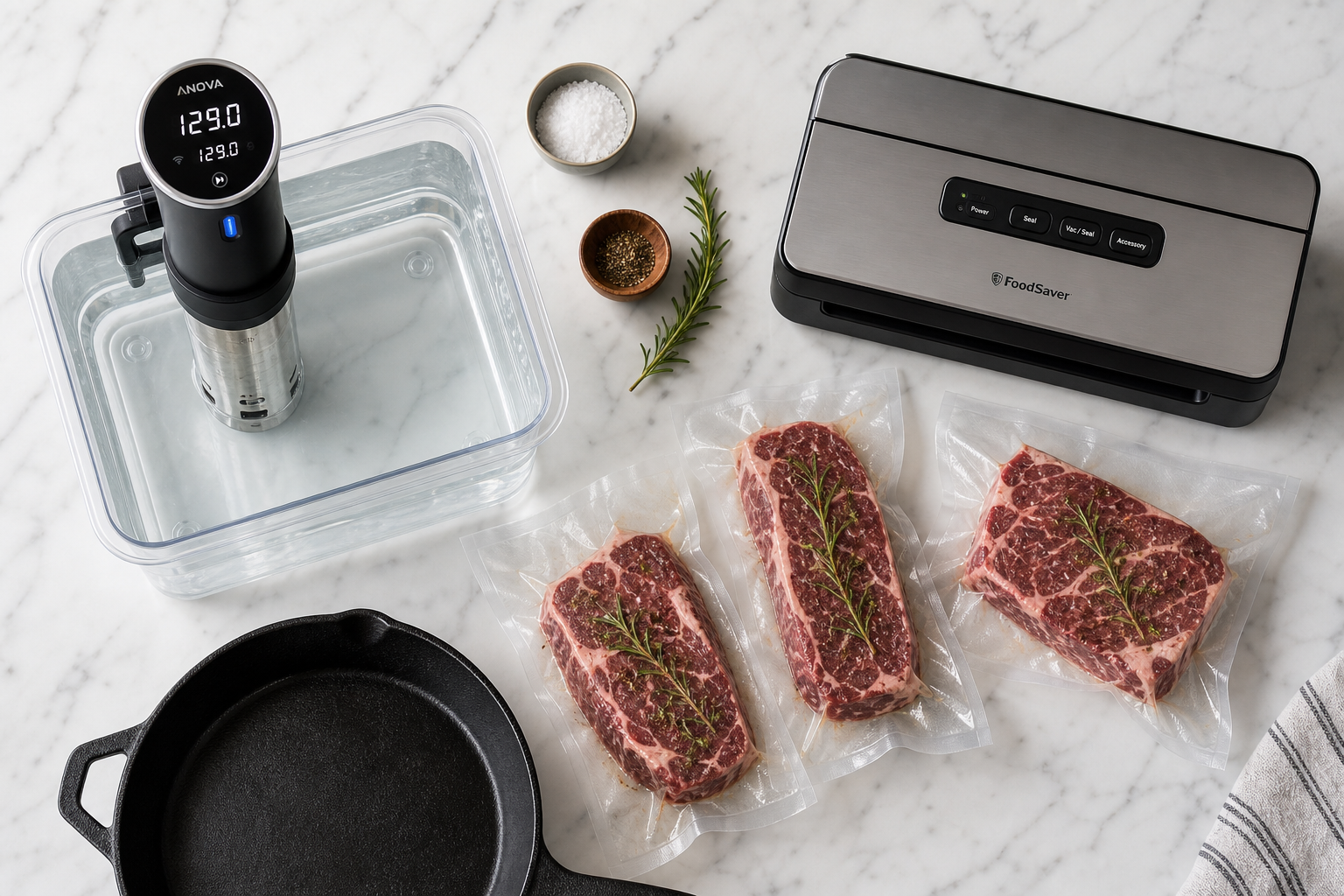 Sous Vide Steak Guide: Temperature, Equipment, and Tips 7 Sous vide equipment including immersion circulator, vacuum sealer, and sealed steaks