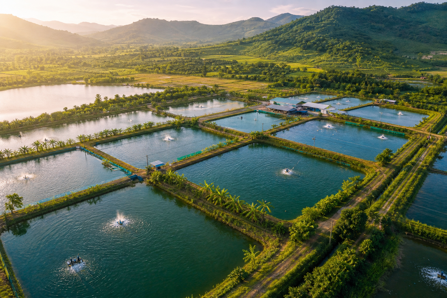 Catfish vs Tilapia: Flavor, Texture & Farming Differences 8 Aerial view of organized fish farming ponds in an aquaculture facility