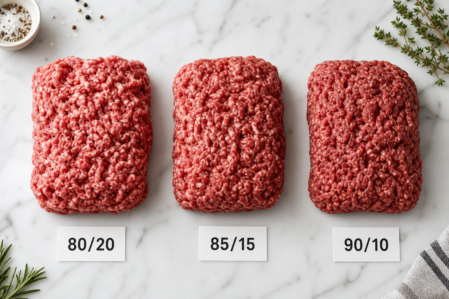 Three portions of ground beef showing different fat percentages side by side