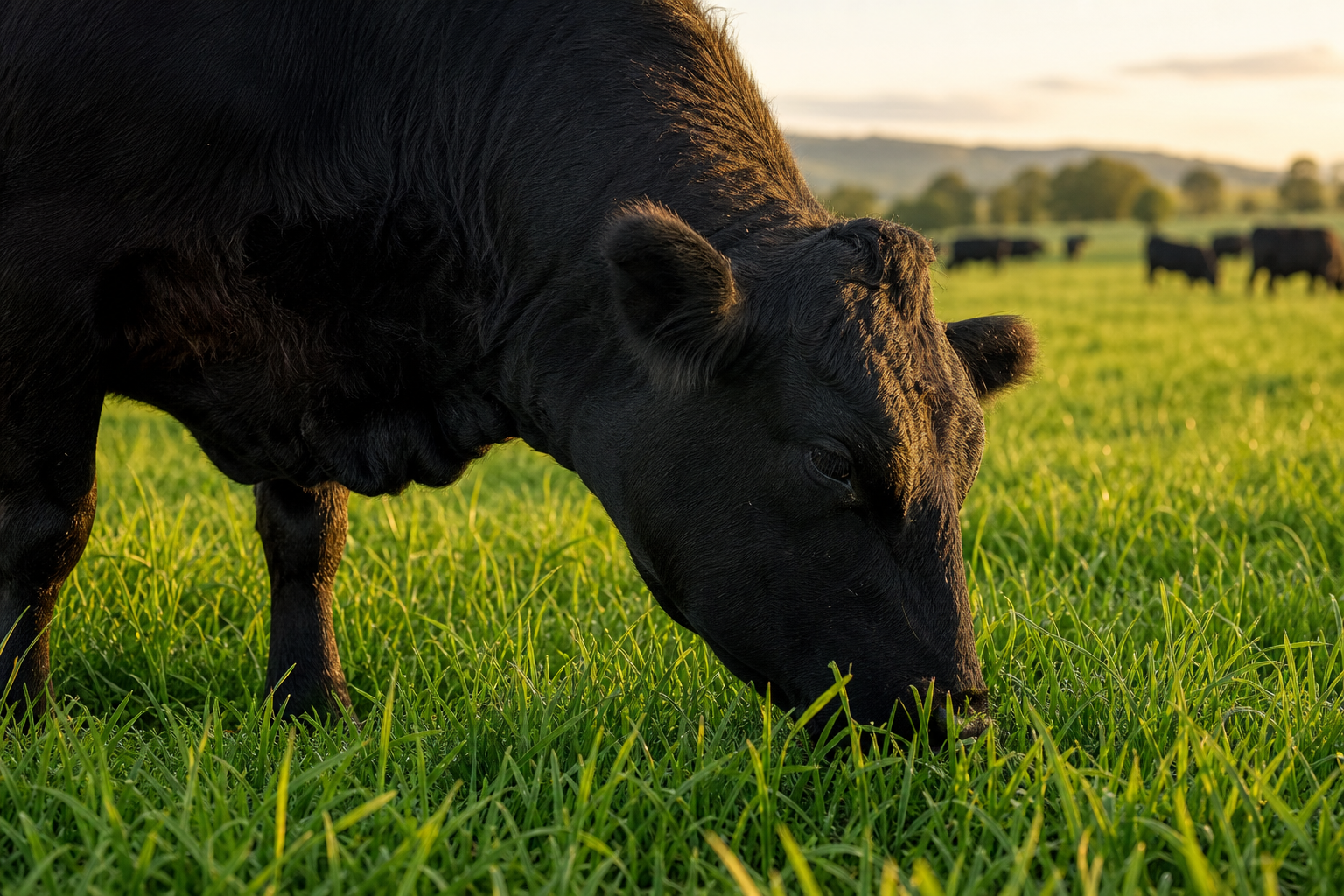 Grass-fed cattle grazing naturally on pasture showing feed and finishing practices