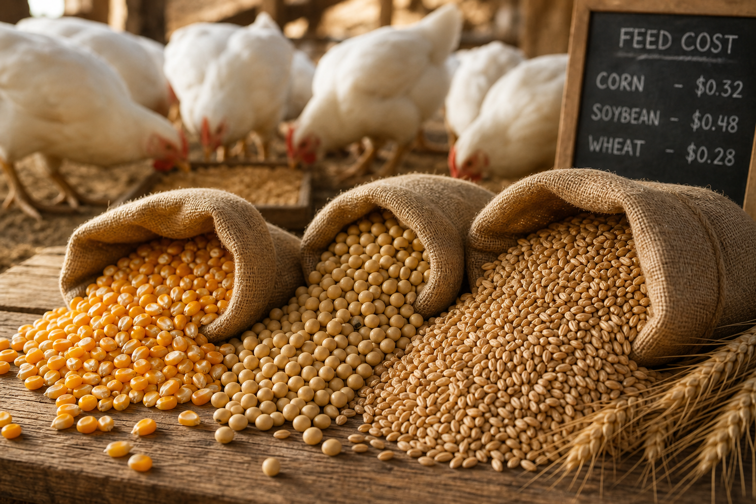 Why Chicken Breast Prices Fluctuate Throughout the Year 8 Chicken feed ingredients including corn and soybeans with chickens in background