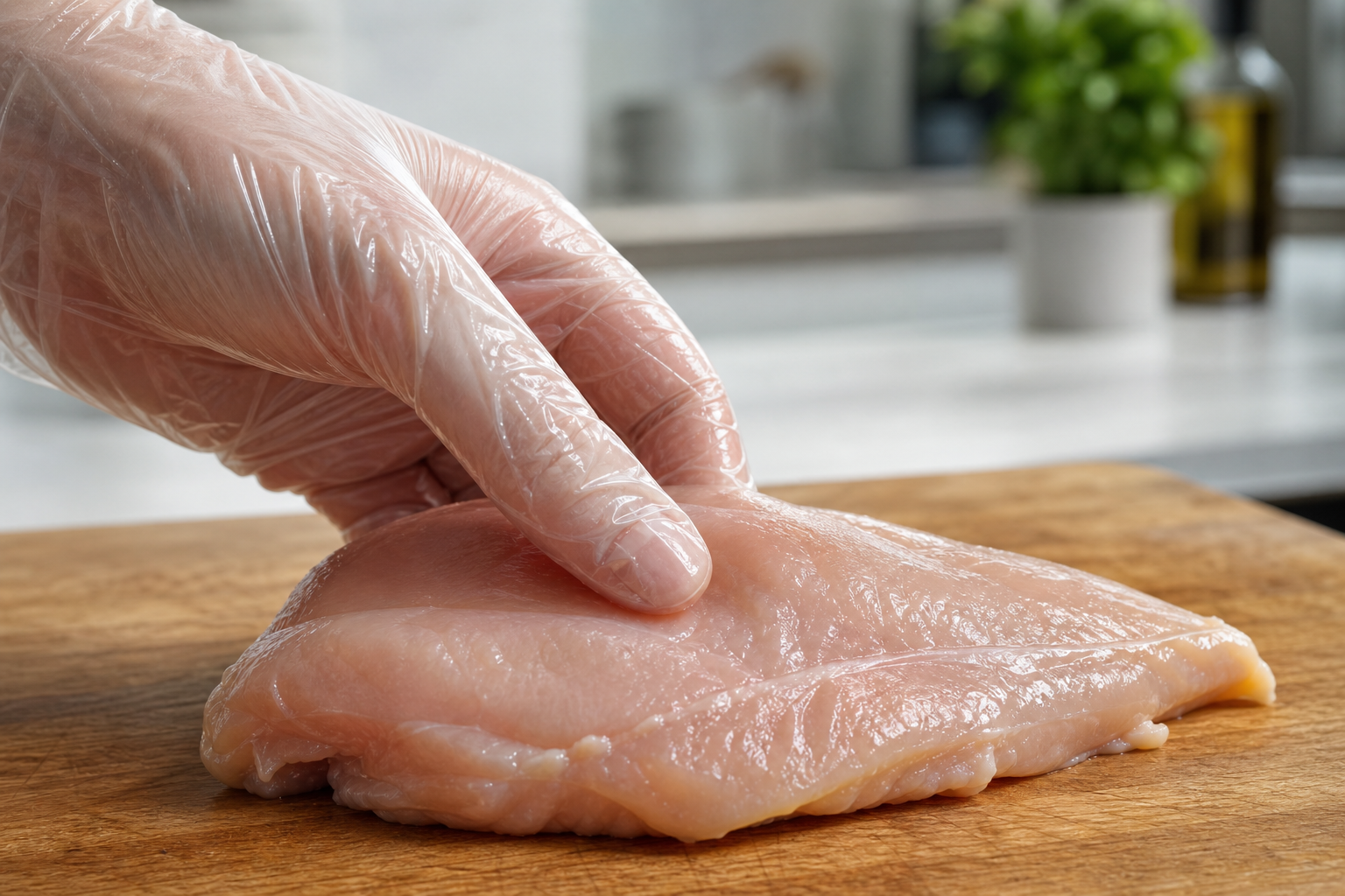 Hand in glove checking the texture of raw chicken breast