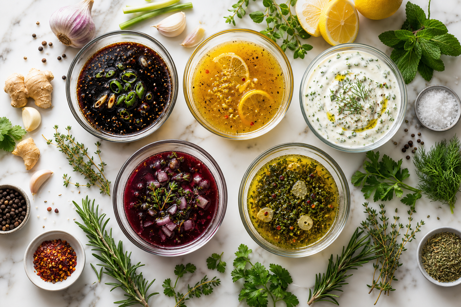 Five different marinades in glass bowls with fresh ingredients