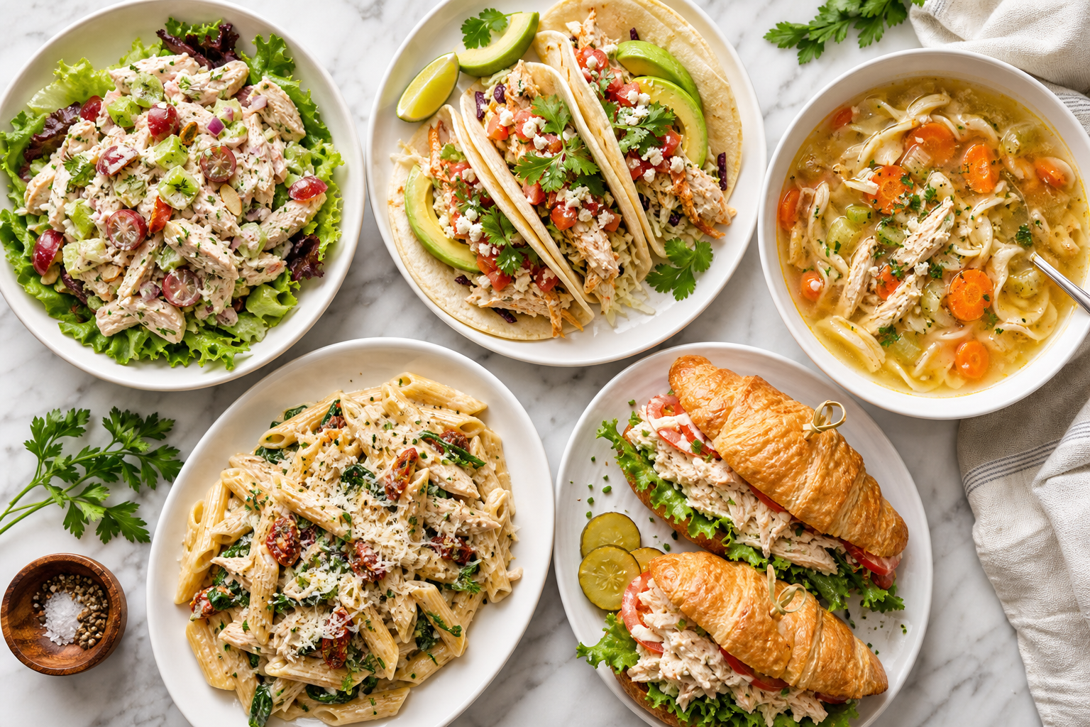 Five different meals made from rotisserie chicken displayed from above