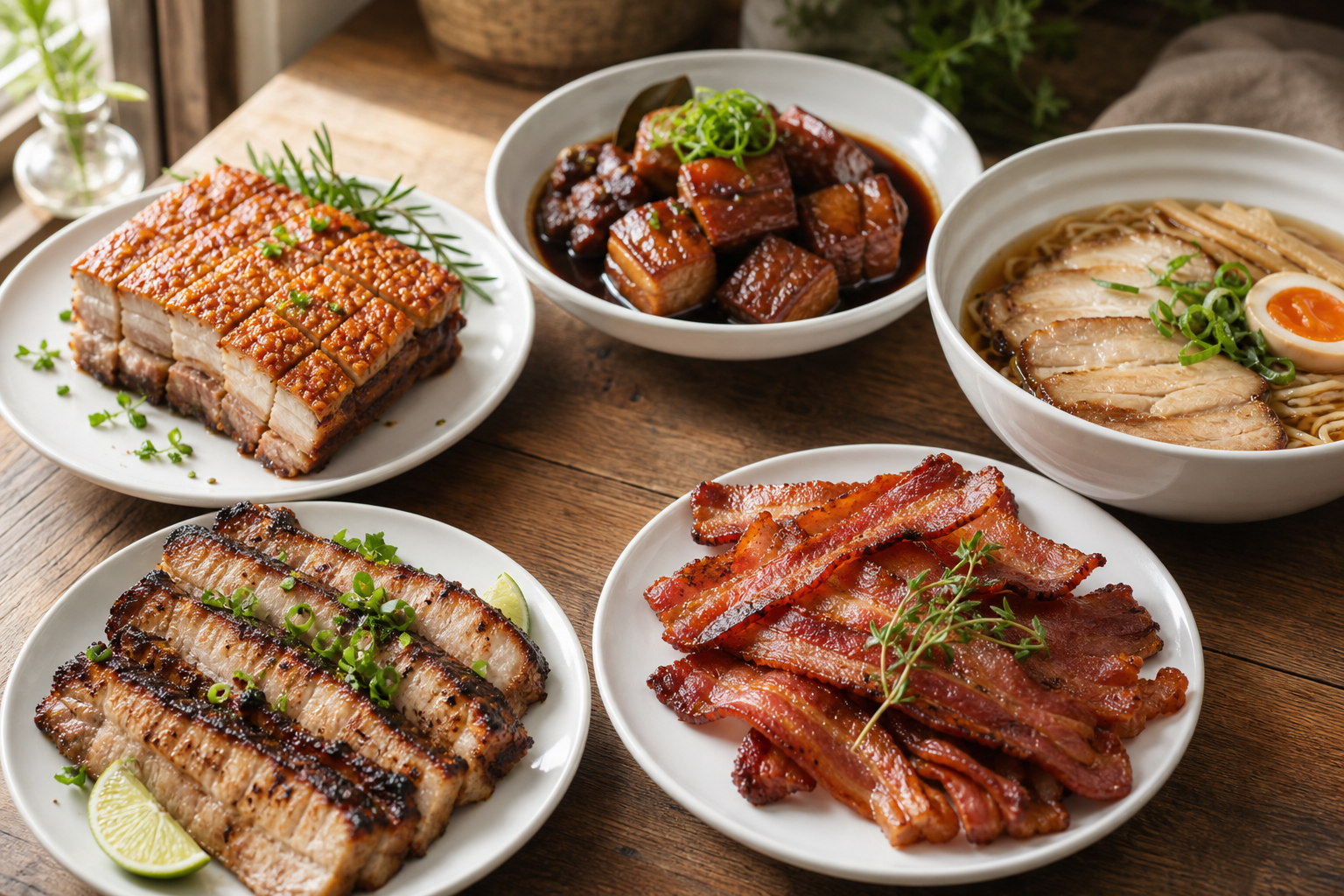 Five different methods of cooking pork belly displayed on plates