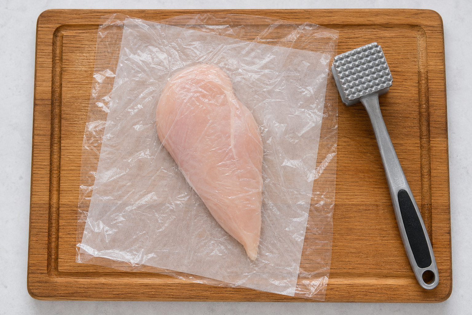 How to Fix Uneven Chicken Breast Cooking (4 Simple Methods) 7 Raw chicken breast with meat mallet ready for pounding to even thickness
