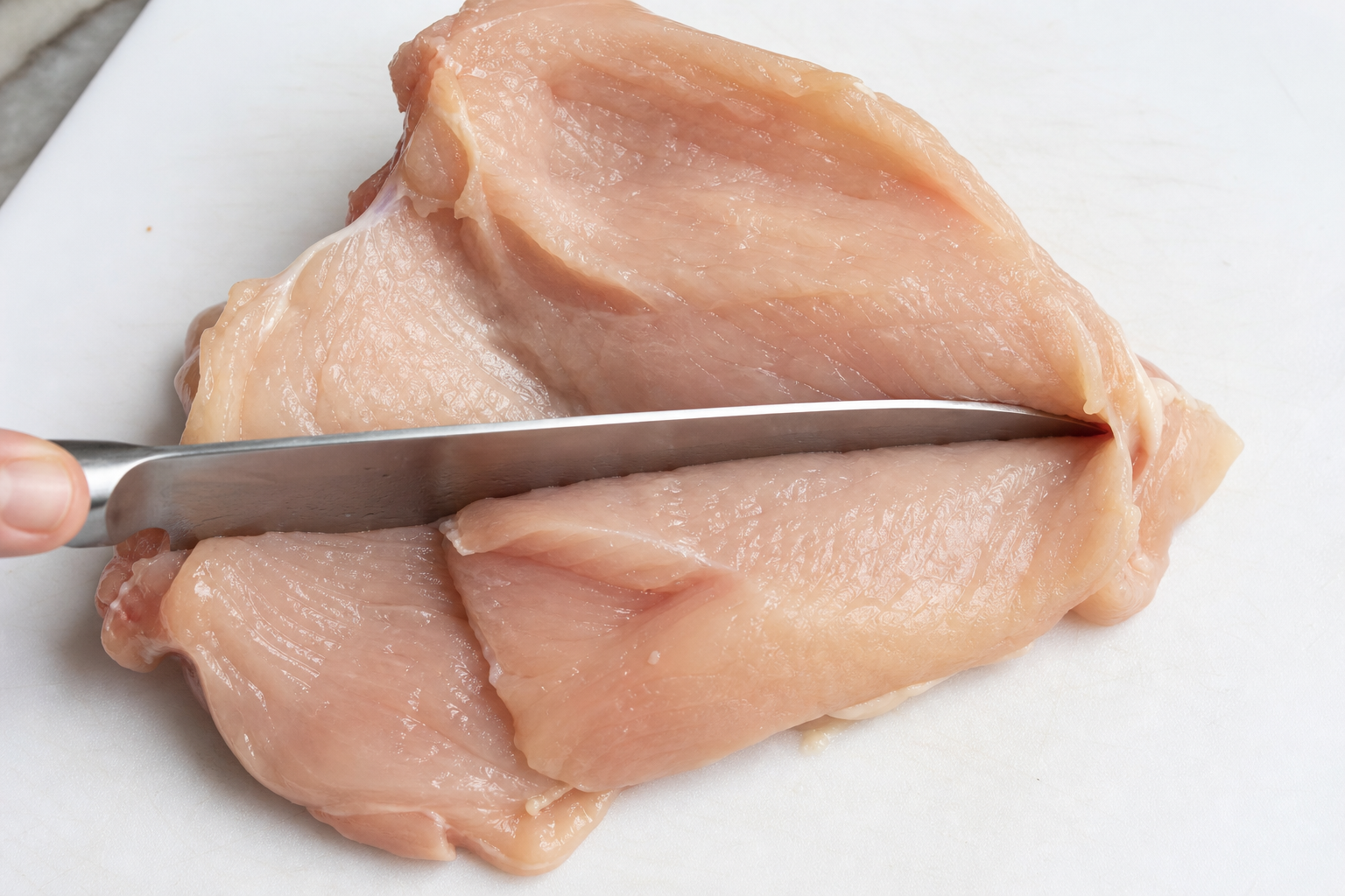 How to Fix Uneven Chicken Breast Cooking (4 Simple Methods) 9 Chicken breast being butterflied with a knife on cutting board
