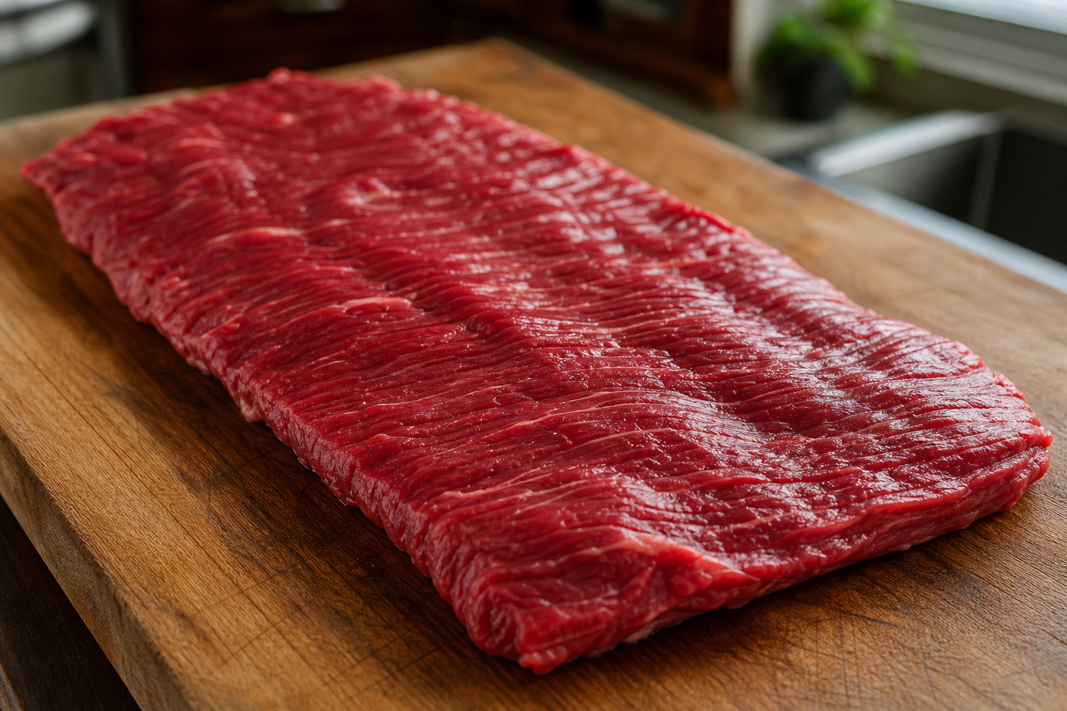 Raw flank steak on wooden cutting board showing grain and texture