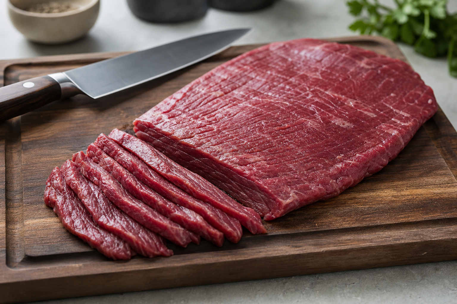 Best Cuts of Meat for Stir-Fry on a Budget 6 Raw flank steak on cutting board with thin slices cut against the grain