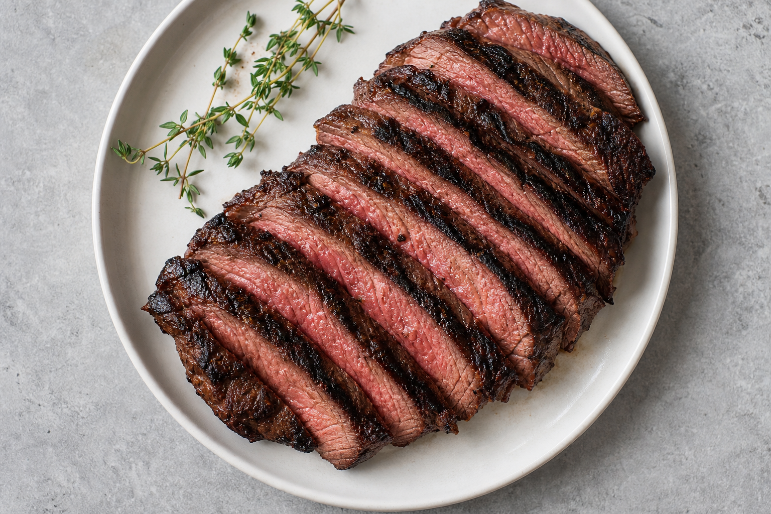 Sliced grilled flat iron steak showing medium-rare doneness
