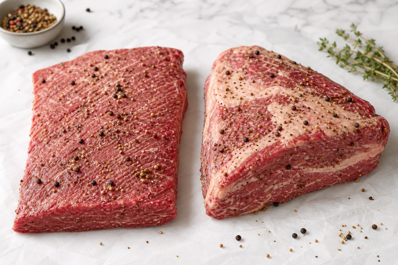 Two cuts of raw corned beef brisket side by side: lean flat cut on left and marbled point cut on right