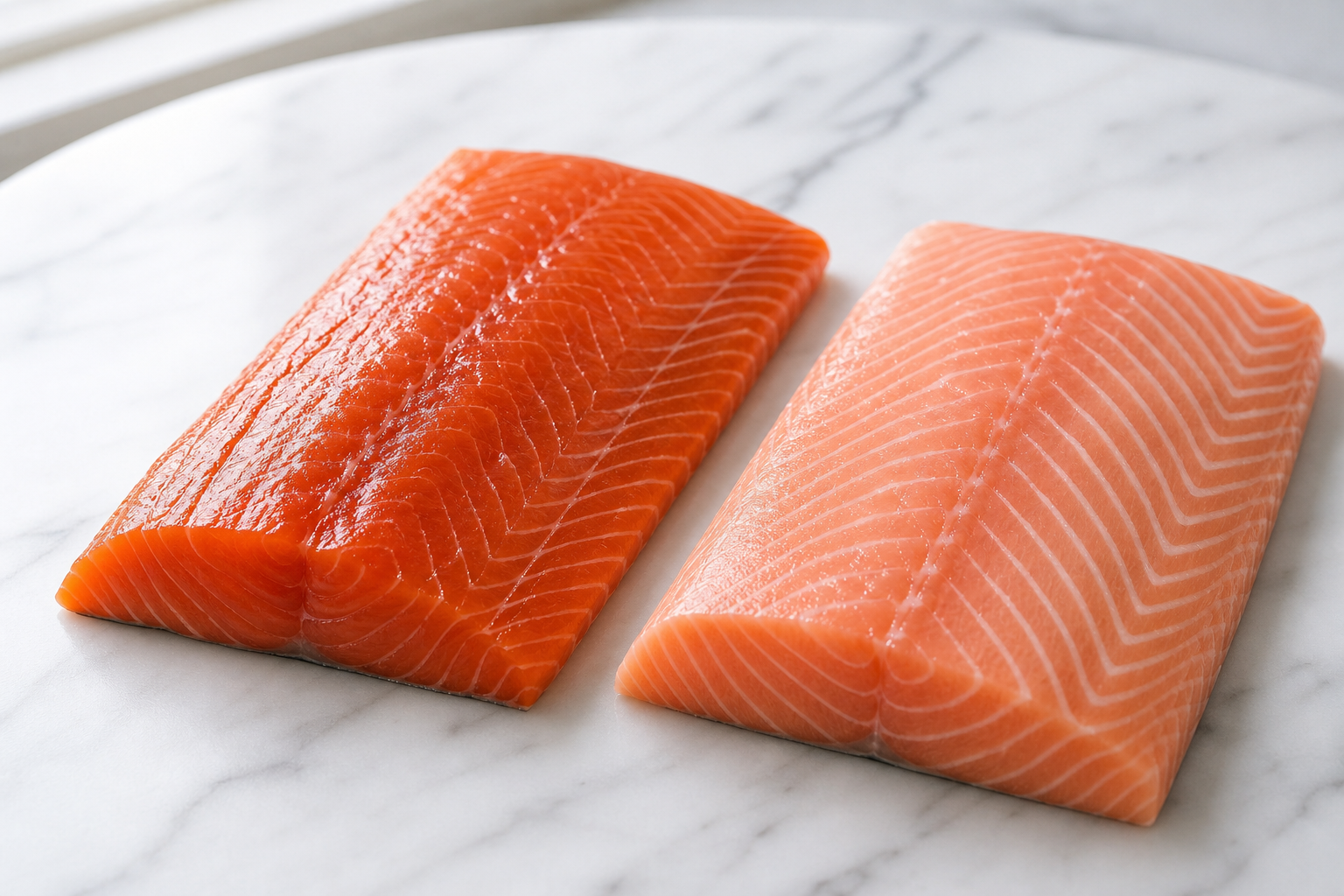 Side-by-side comparison of wild and farm-raised salmon fillets showing color and texture differences