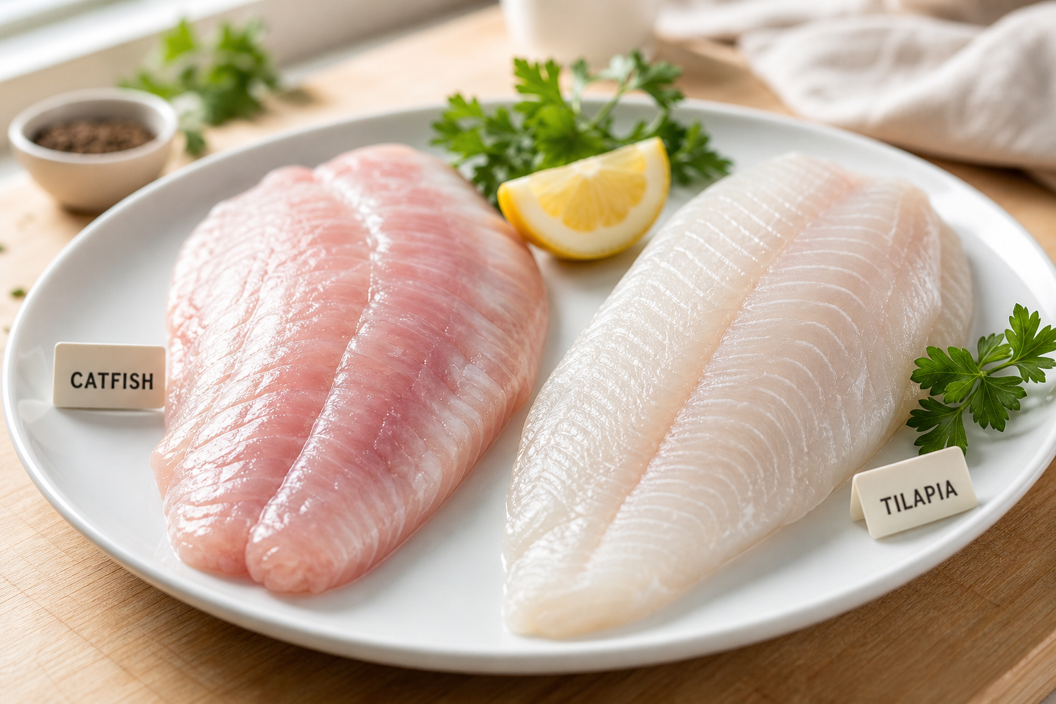 Catfish vs Tilapia: Flavor, Texture & Farming Differences 6 Side-by-side comparison of raw catfish and tilapia fillets on a white plate