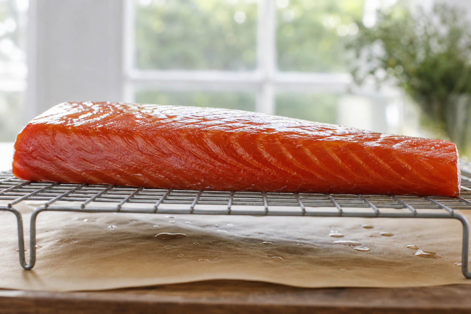 Cured salmon fillet on wire rack showing glossy pellicle formation
