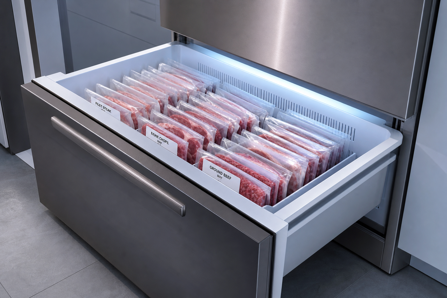 Flat frozen meat packages stored vertically in an organized freezer drawer