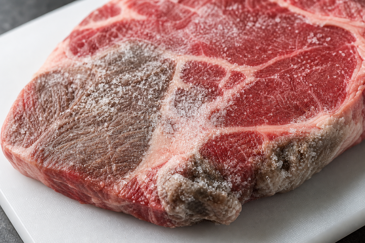 Raw steak with visible freezer burn showing discolored patches and ice crystals