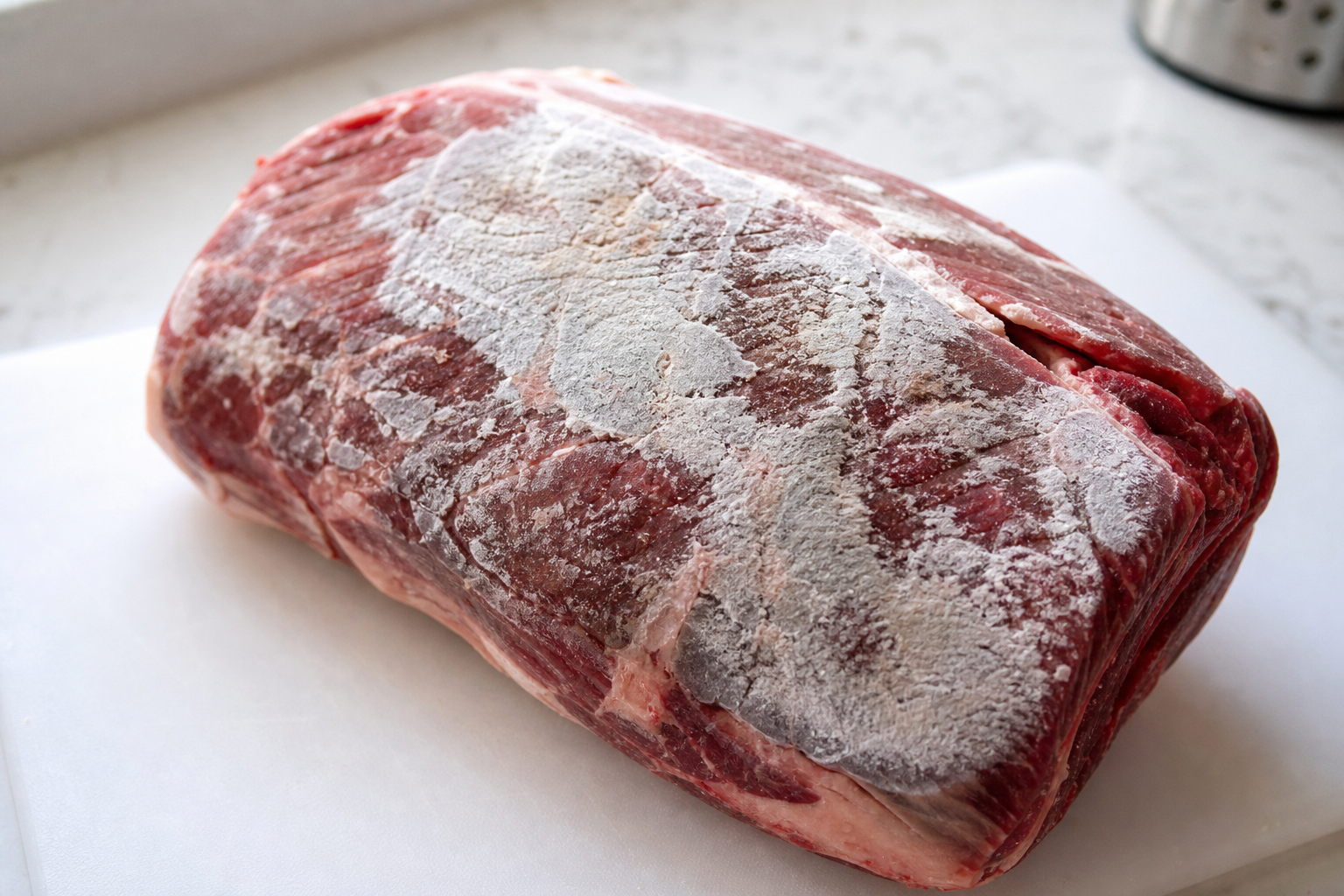 Raw meat with visible freezer burn showing white-gray dried patches on the surface