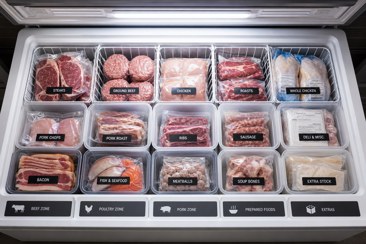 Organized chest freezer with labeled baskets containing different types of portioned frozen meat