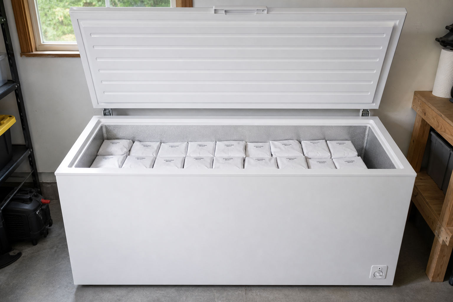 Buying a Half Cow: Cost Breakdown and What to Expect 7 Open chest freezer filled with butcher-wrapped beef packages from a half cow
