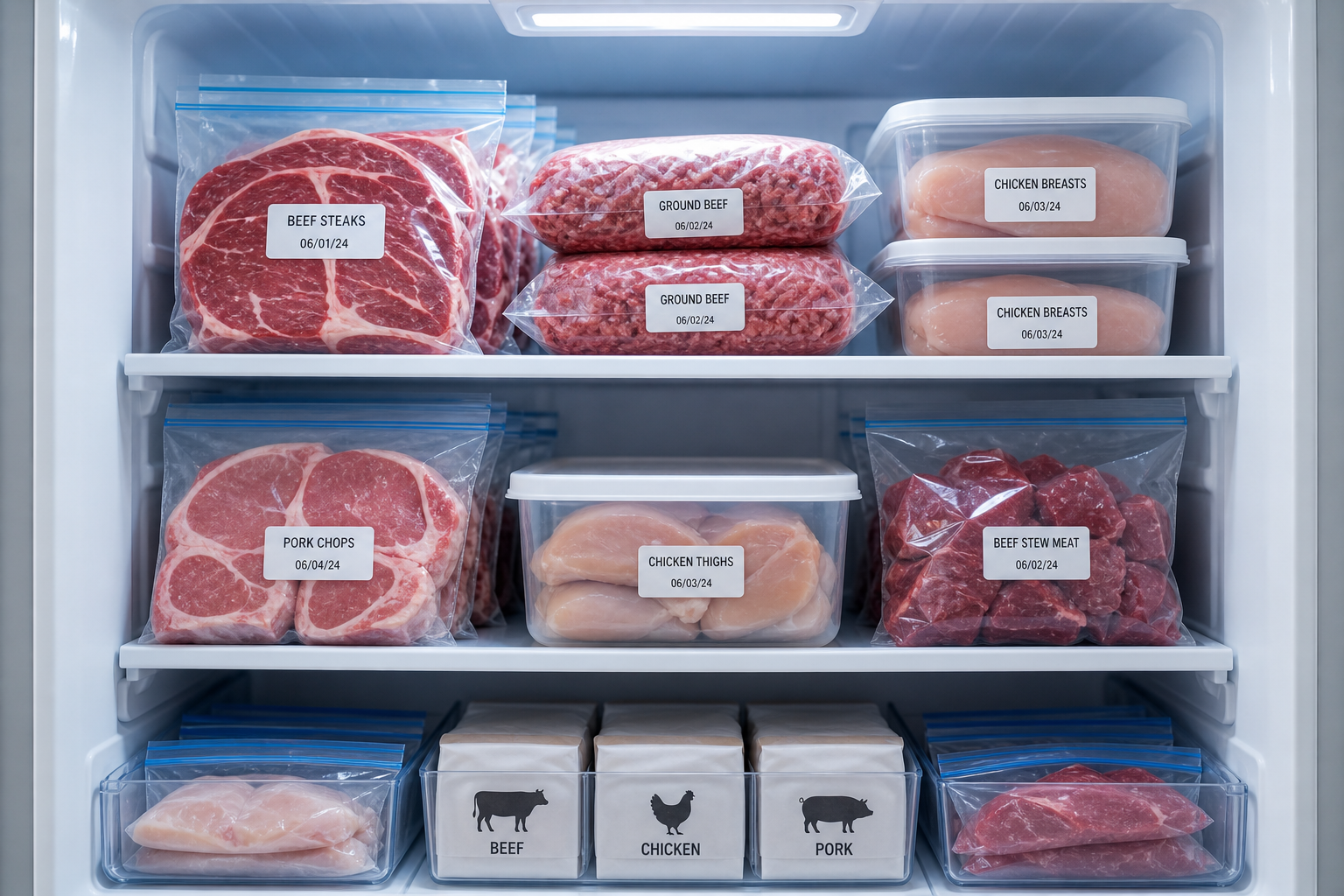 How Long Does Frozen Meat Last? Complete Storage Guide 5 Organized freezer with various types of meat properly stored in labeled containers and bags