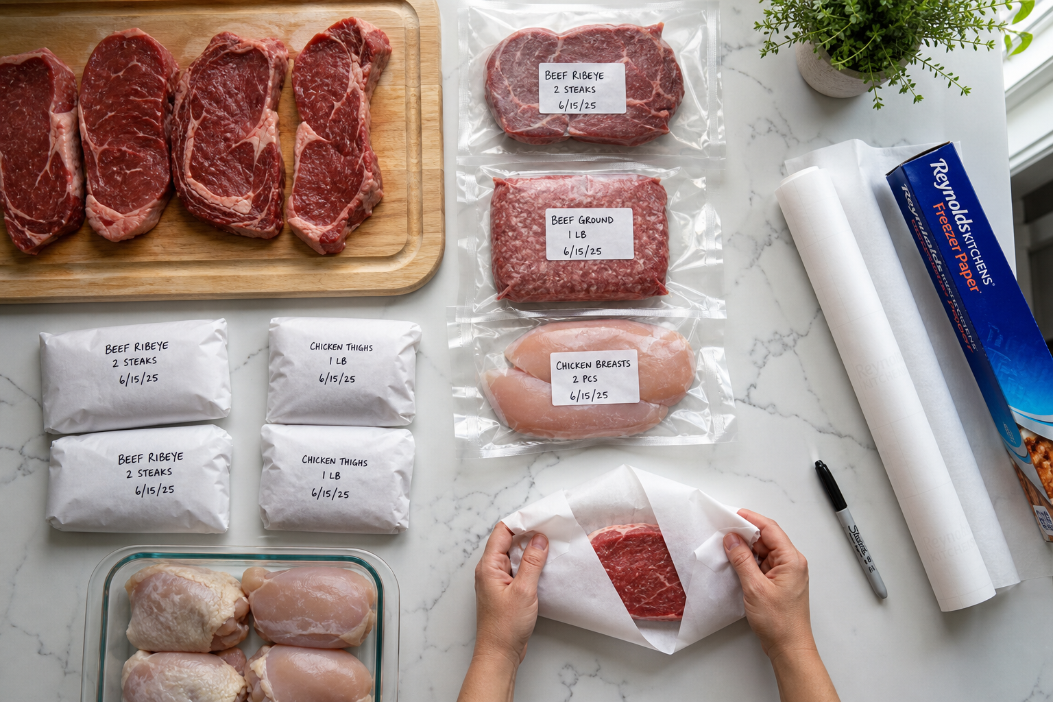 Kitchen counter with meat being portioned and wrapped for freezer storage
